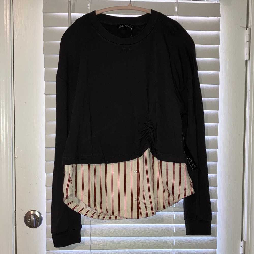 Chic Black Blouse with Red Striped Detail